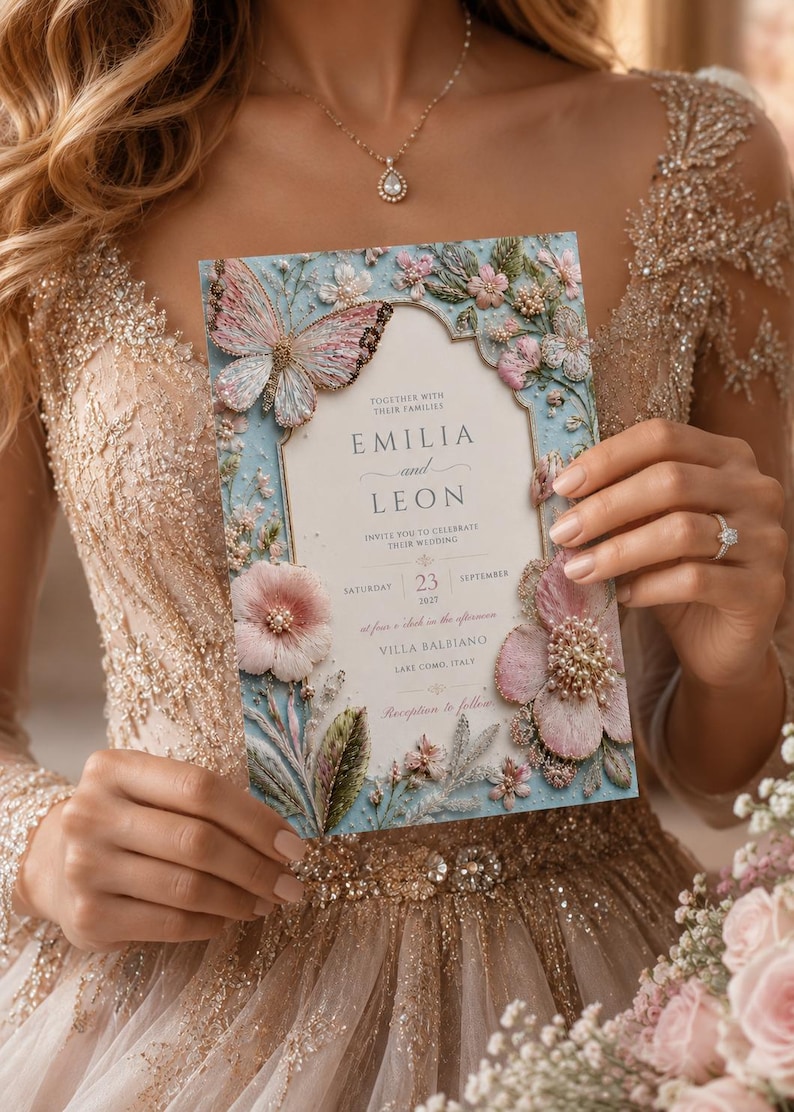 Premium high-quality editable butterfly wedding invitation featuring embroidered blush pink florals, delicate botanical details, pearl accents, and a soft powder blue background with an elegant gold arch frame. Luxury Canva template perfect for romantic, garden, spring, and elegant weddings.