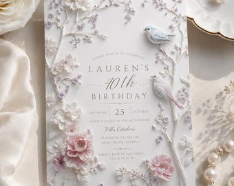 Luxury Bird Floral 40th Birthday Invitation | Elegant Pastel Peony Botanical (Digital Download)