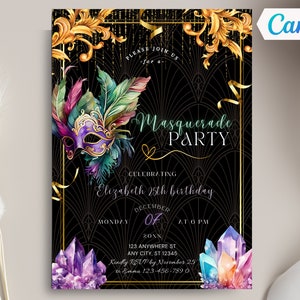 Editable Masquerade Party Invitation Template, Gold and Gems, Luxury Birthday Invite, Print or Text