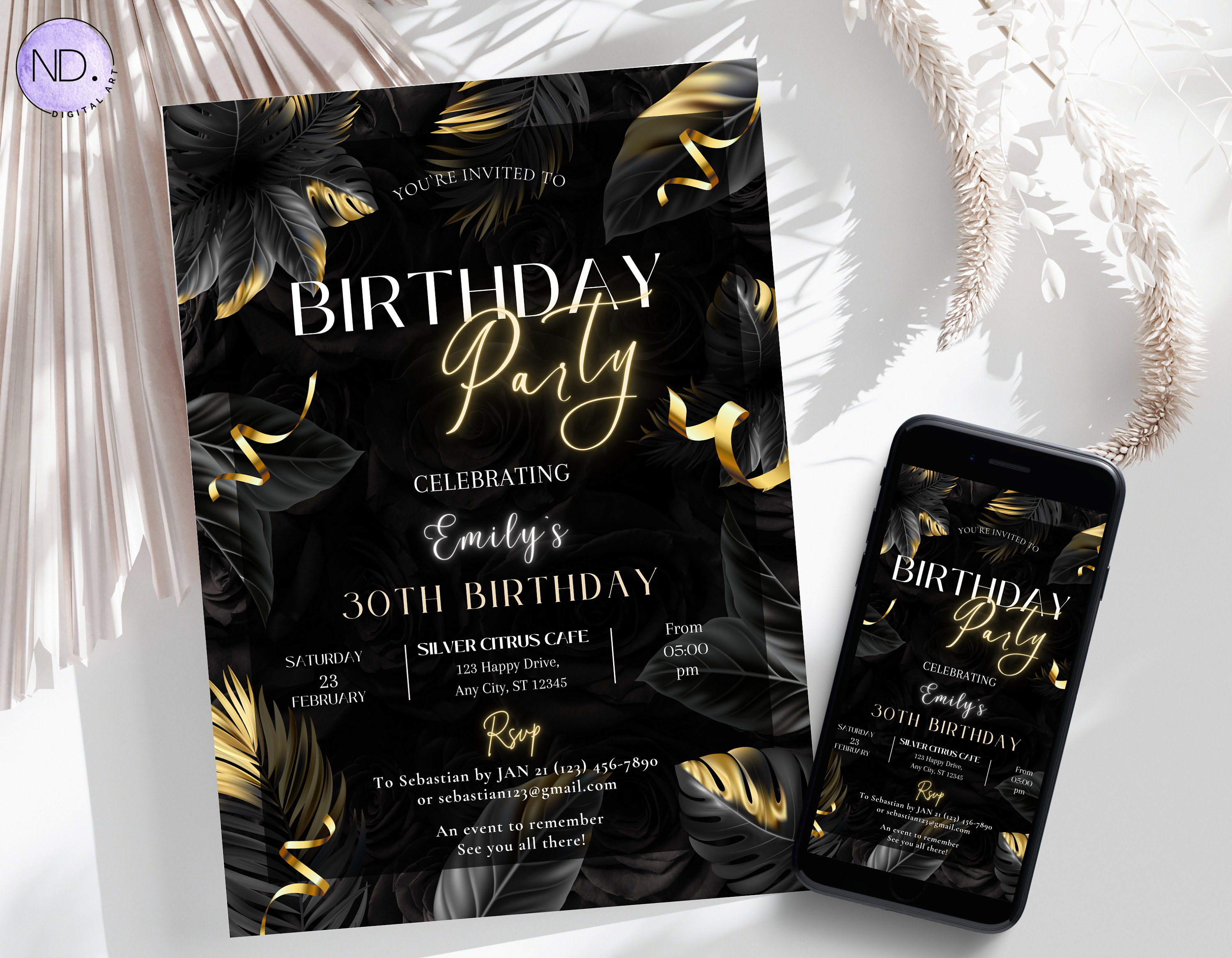 Black and Gold Birthday Party Invitation, Editable Glam Party Invite ...