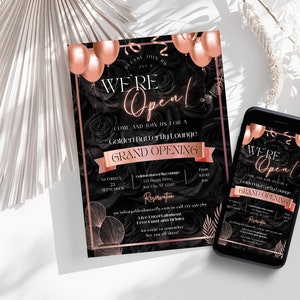 Rose Gold Grand Opening uitnodiging, bewerkbare zakelijke uitnodiging, Launch Party digitale uitnodiging, print of tekst, Canva-sjabloon
