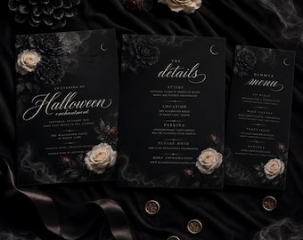 Elegant Halloween Invitation Set, Black Floral Editable Canva Templates with Details Card and Menu