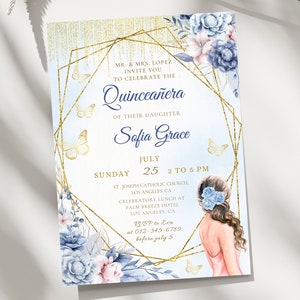 Editable Blue and Gold Quinceañera Invitation, Baby Blue Butterfly Party Invite, Mis Quince Anos, Floral 15th Birthday, Canva Template