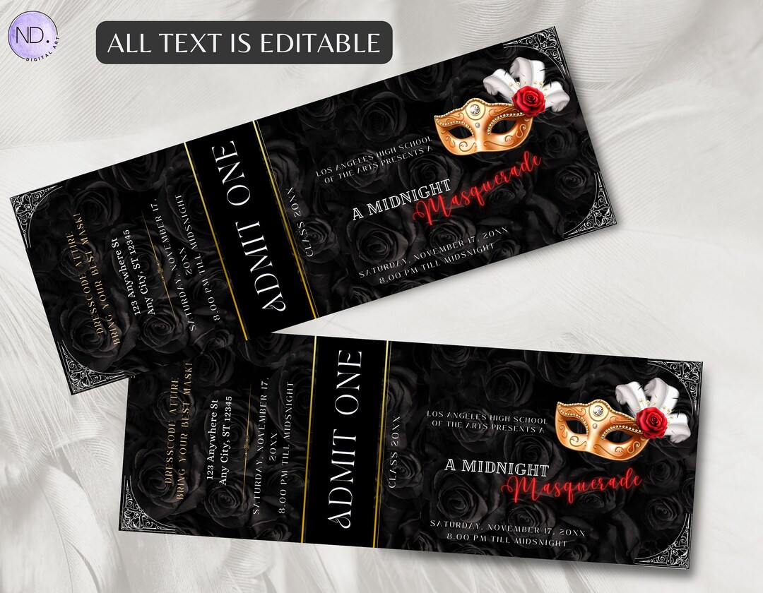 Editable Masquerade Ball Ticket Template, Black and Red Rose Masquerade