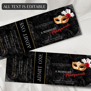 Bearbeitbare Maskerade Ball Ticket Vorlage, Schwarze und Rote Rose Maskerade Schultanz, Ein Mitternachts Maskerade Ticket, Canva Vorlage