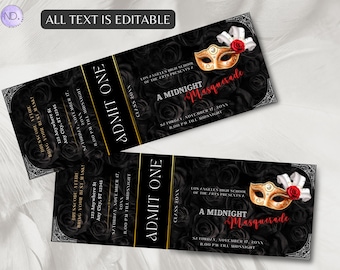 May include: Two black and gold admission tickets with a black rose pattern and a gold masquerade mask with red and white feathers. The text on the tickets reads "A Midnight Masquerade" and includes the date and time of the event. The text "All Text Is Editable" appears at the top of the image.