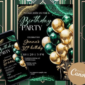 May include: Black birthday party invitation with gold and emerald green accents. The invitation reads "Please join us for a Birthday Party" and celebrates Jenna's 30th birthday. A smartphone displays the same design.
