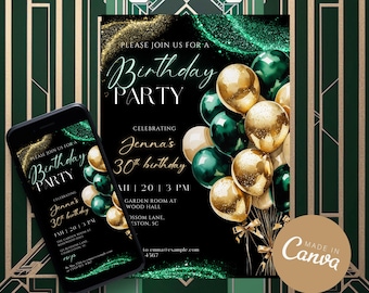Emerald Green and Gold Birthday Invitation, Canva Template (Digital Download)