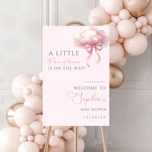 May include: A pink baby shower welcome sign on a gold easel. The sign reads "A Little Piece of Heaven is on the Way!" and "Welcome to Sophia's Baby Shower 12|20|26" with a watercolor floral design and pink balloons.