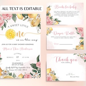 Editable Lemon Baby Shower Invitation Set, Blush Pink Floral Citrus Baby Shower Invite, Print or Text, Canva Template