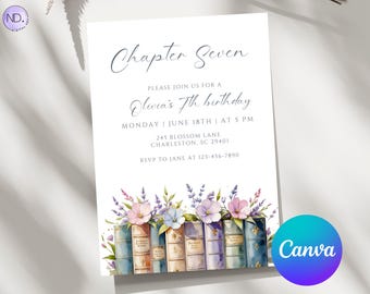 May include: A white invitation card with the text "Chapter Seven" and "Olivia's 7th birthday". The card features watercolor illustrations of books and flowers. The Canva logo is visible in the bottom right corner.