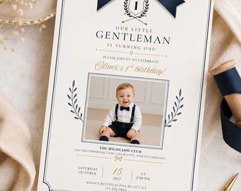 Little Gentleman Teddy Bear 1st Birthday Invitation | Photo, Navy Bow (Canva Template)