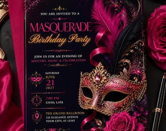 Masquerade Birthday Invitation | Hot Pink Gold Venetian Mask (Digital Download)