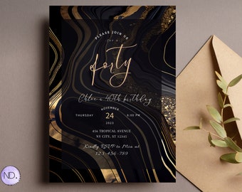 Elegant Black and Gold 40th Birthday Invitation, Canva Template (Digital Download)