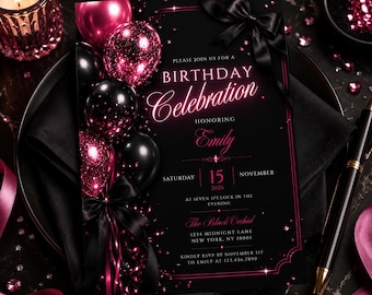 Hot Pink Birthday Invitation Template | Black & Pink Birthday Invite, Coquette Bday Invite | Pink Balloon Party Canva Template