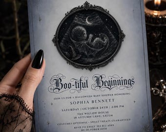 Gothic Halloween Baby Shower Invitation | Moody Boo-tiful Beginnings Template | Spooky Baby Ultrasound Invite