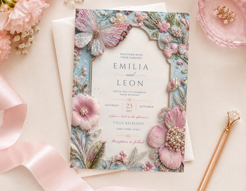 Premium high-quality editable butterfly wedding invitation featuring embroidered blush pink florals, delicate botanical details, pearl accents, and a soft powder blue background with an elegant gold arch frame. Luxury Canva template perfect for romantic, garden, spring, and elegant weddings.