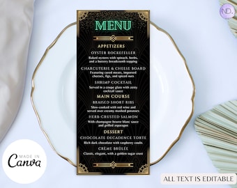 Art Deco Menu Template, Black & Gold, Roaring 20s (Canva Template)