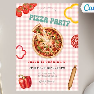 Bearbeitbare Pizza-Party-Einladung, Retro-Pizza-Geburtstags-Party einladen, Kinder-Pizza-Geburtstag, Druck oder Text, Canva-Vorlage