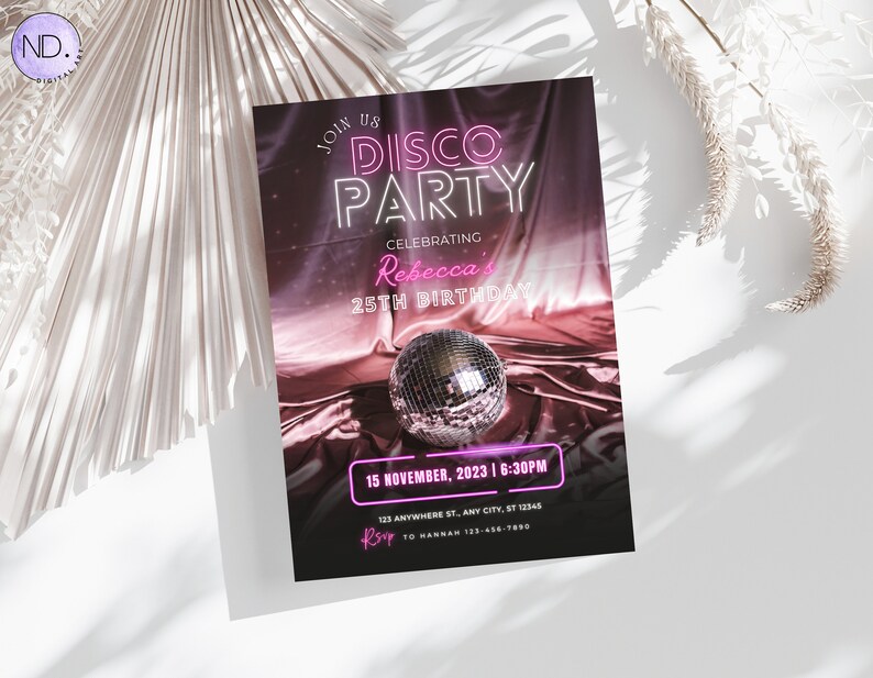 Editable Disco Party Birthday Invitation, Neon Disco Gender Neutral