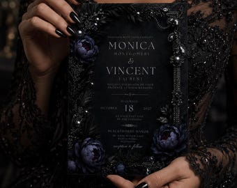 Gothic Wedding Invitation Template | Black Floral Dark Romance (Digital Download)