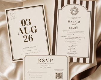 Old Money Wedding Invitation Suite, Brown Cream Editorial, Preppy Stripes (Digital Download)