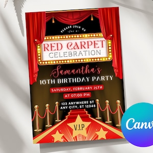 EDITABLE VIP Pass Birthday Invitation, Red Carpet Invitation, Hollywood Party Invite, Print or Text, Canva Template