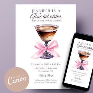 Espresso Martini Birthday Invite - Tini Bit Older, Dirty Thirty Cocktails, Coquette Pink Bow Coffee Martini Invitation, Canva Template