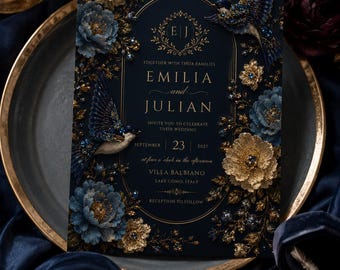 Luxury Blue Bird Wedding Invitation, Navy & Gold Floral Wedding Invite, Elegant Botanical Canva Template