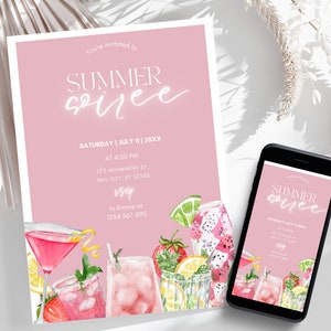 Bearbeitbare Sommer-Soiree-Einladung, Sommerparty-Einladungsvorlage, Aquarell-Cocktailparty einladen, Canva-Vorlage