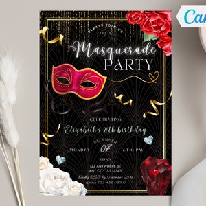 Editable Masquerade Party Invitation, White and Red Roses Luxury Birthday Invite, Print or Text, Canva Template