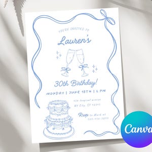 Editable Whimsical Hand Drawn Birthday Invitation Blue Coquette Bow and Champagne Doodle Dinner Party Invite, Any Age, Canva Template