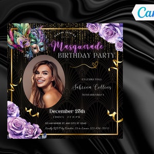 Editable Masquerade Party Invitation with Photo, Luxury Birthday Invite, Gold and Roses, Canva Template