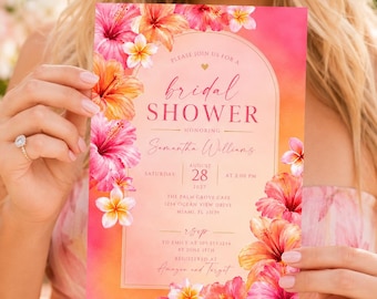 Tropical Bridal Shower Invitation Template, Pink Orange Floral (Digital Download)
