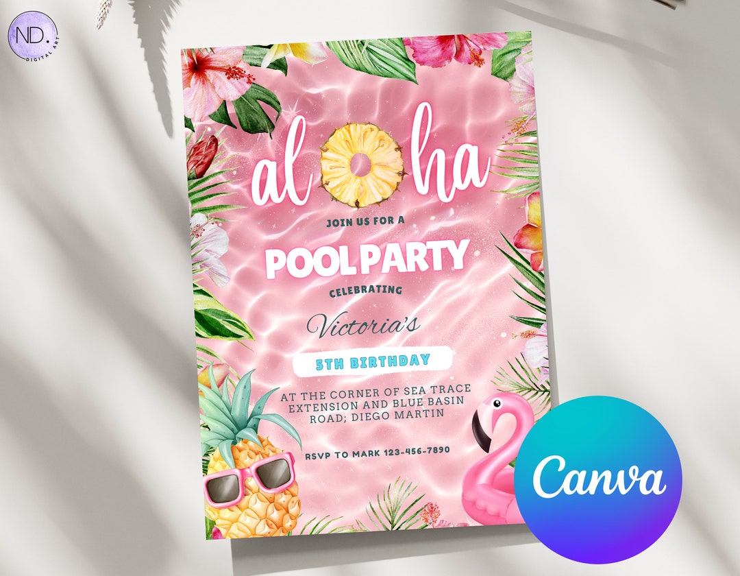 Editable Aloha Pool Party Invitation, Hawaiian Birthday Invite ...