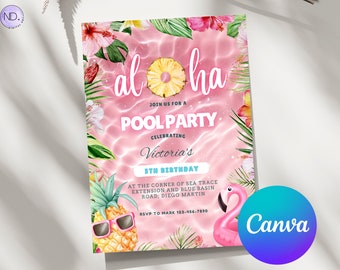 Aloha Pool Party Invitation, Hawaiian Birthday, Canva Template (Digital Download)