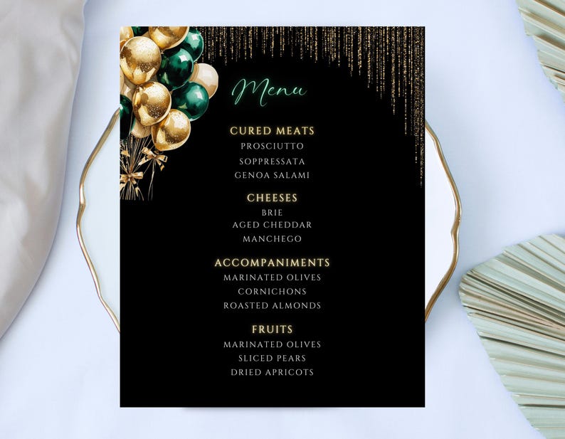 Emerald Green and Gold Menu Template, Elegant Dinner Party (digital ...