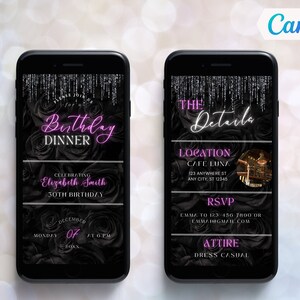 Editable Birthday Dinner Invitation, Digital Dinner Party Invite, Black Roses Mobile Invitation, Text Evite, Canva Template