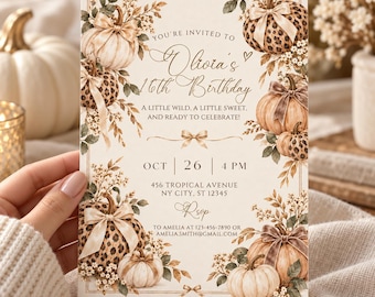 Leopard Pumpkin Birthday Invitation Template, Editable Fall Birthday Invite with Bows