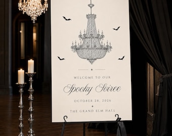 Halloween Welcome Sign | Spooky Soiree Chandelier Sign, Editable Canva Template