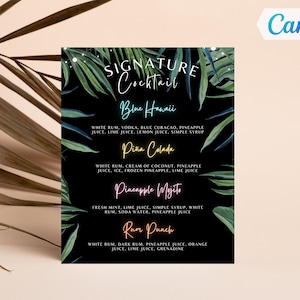 Modello di carta menu bevande tropicali al neon, carte menu bevande a tema Hawaii modificabili, cocktail con insegna bar, modello Canva