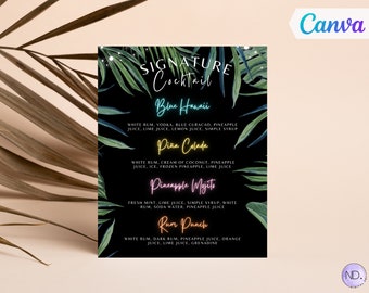 Neon Tropische Getränkekarte Vorlage, Hawaii Cocktail Bar Schild (Canva Template)