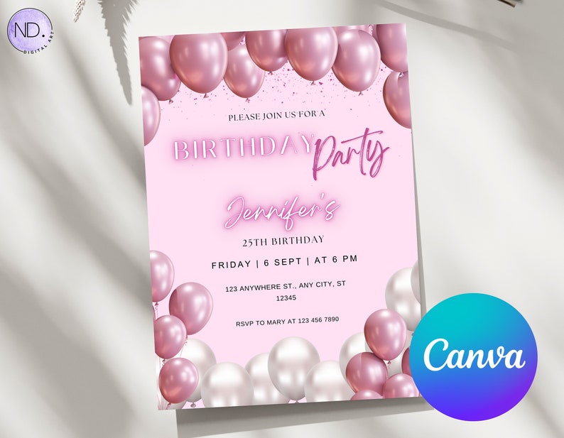 Editable Pink Birthday Party Invitation, Shades of Pink Birthday ...