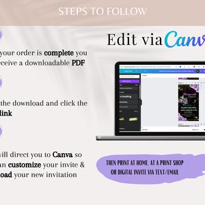 May include: Steps to follow to edit a printable invitation using Canva. The image shows a laptop screen with a Canva design open, and a purple and gold invitation with the text "Magical Party".