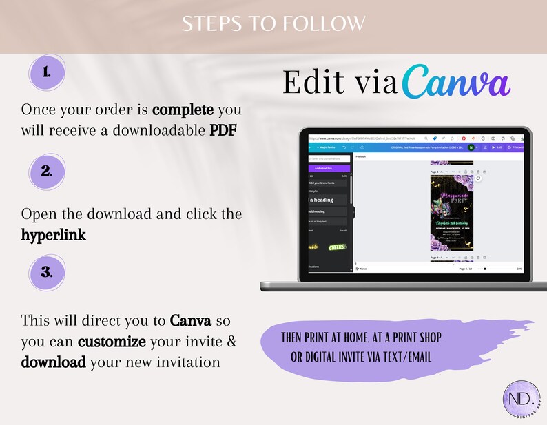 May include: Steps to follow to edit a printable invitation using Canva. The image shows a laptop screen with a Canva design open, and a purple and gold invitation with the text "Magical Party".