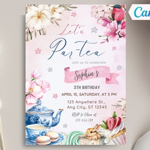 Editable Tea Party Birthday Invitation, Floral Par-tea Birthday Invite, Whimsical Tea Party Invitation, Print or Text, Canva Template