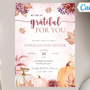 Editable Fall Appreciation Invitation, Grateful For You Thanksgiving Dinner Invitation, Pumpkin Friendsgiving Invite, Canva Template