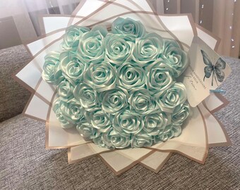 Light Blue Satin Rose Bouquet, Custom Silk Ribbon Flower, Elegant Handcrafted Gift Satin Flowers, Eternal Rose Bouquet, Gift for her