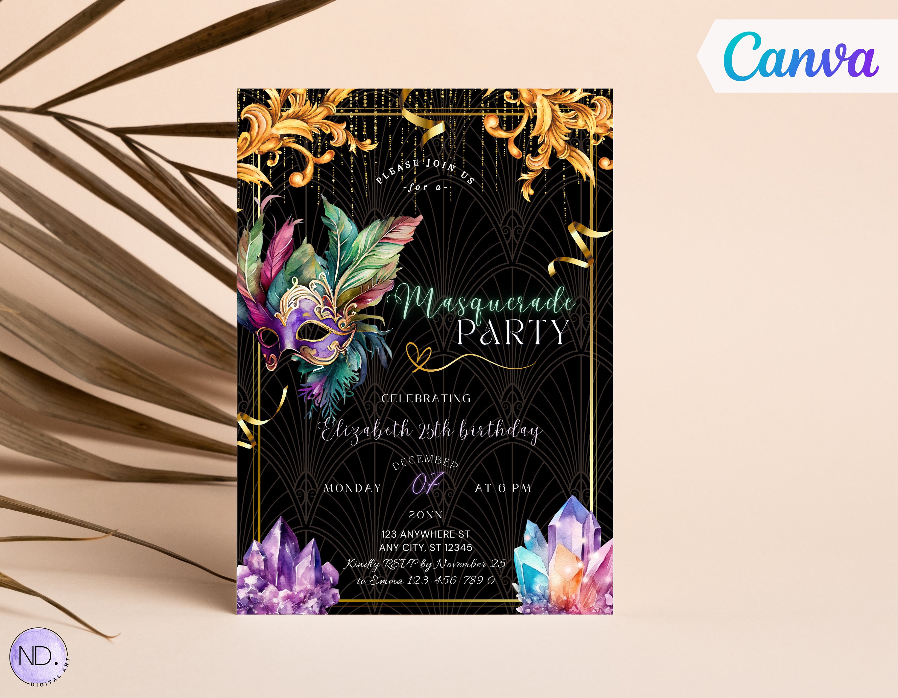 Editable Masquerade Party Invitation Template, Gold and Gems, Luxury Birthday Invite, Print or ...