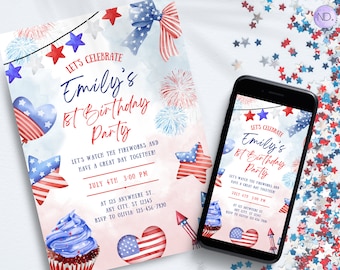 Editable 4th of July Birthday Invitation, Canva Template (Digital Download)
